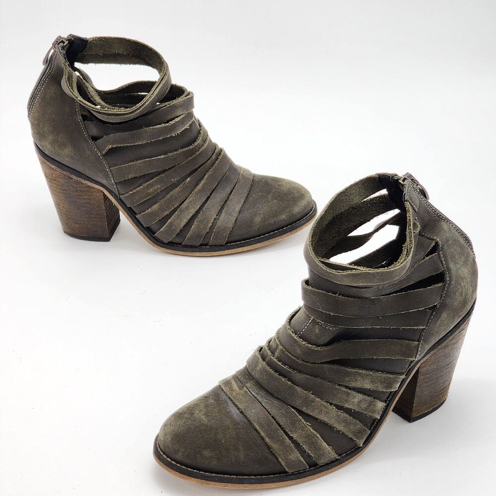 Free People Hybrid Strappy Suede Leather Heel Ankle Booties Gray Size 38 EU